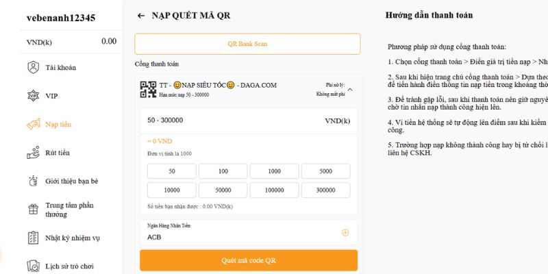 Nạp tiền DAGA qua QR ngân hàng